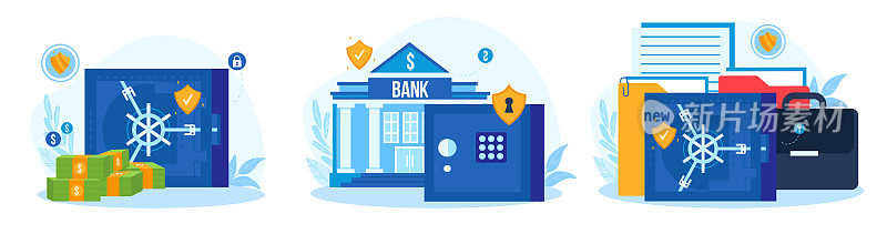 Bank safe vector illustration set, cartoon flat storage safe box for cash safety and protection, dollar banknote and money deposit